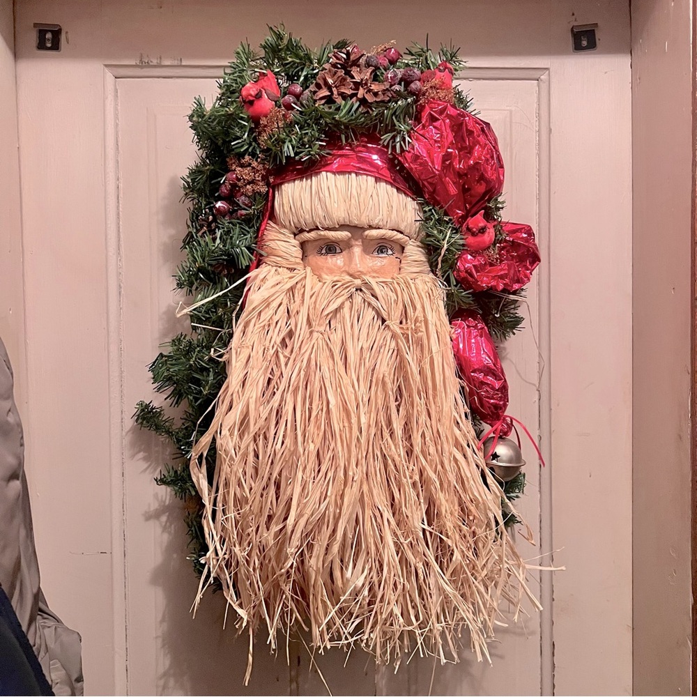 Vintage Santa Hanging Figure Straw Raffia Beard & Mustache 26” by 15”